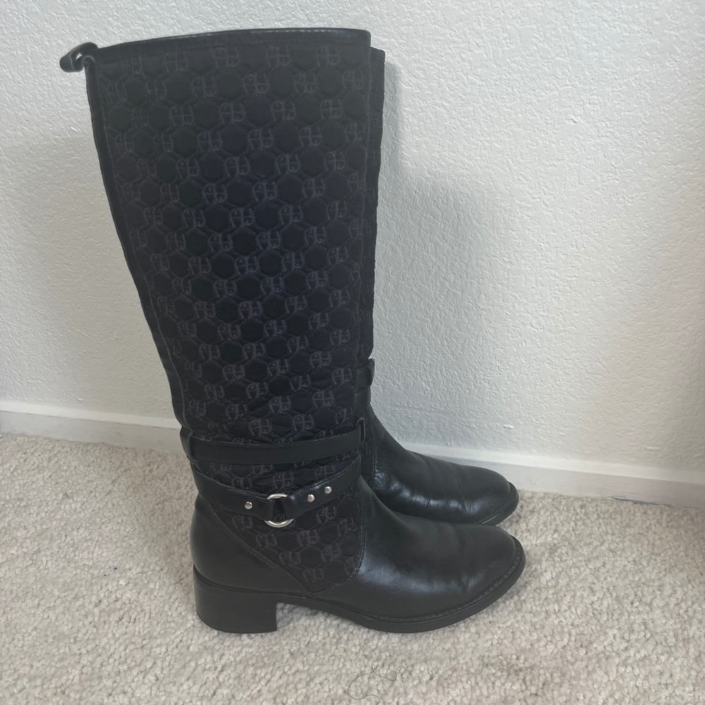 Etienne Aigner Cailyn Black Leather Quilted Logo Tall Riding Boots Womens 6.5M